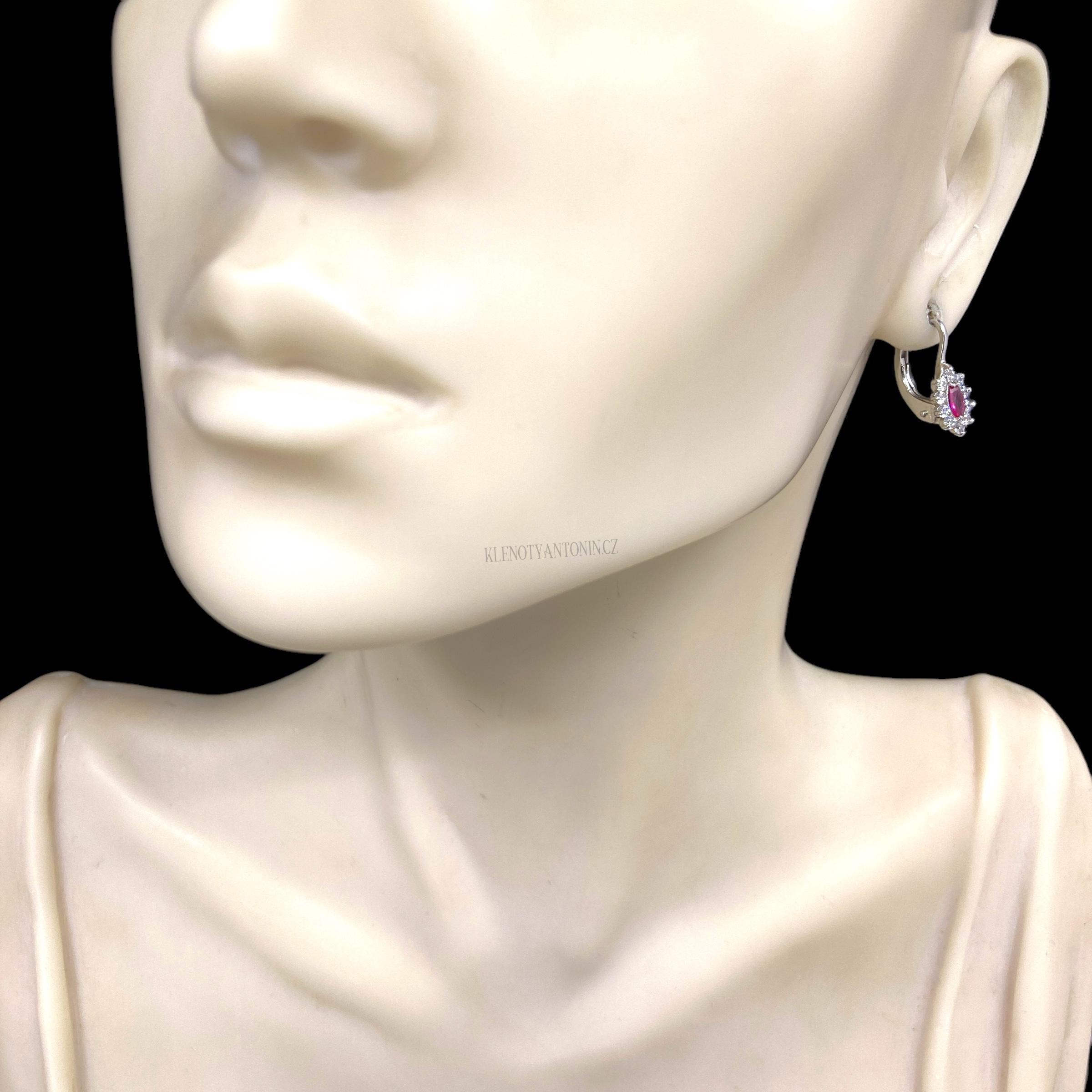 Visací náušnice z bílého zlata s růžovým kamenem a zirkony 195503 (Au 585/1000, 1,94g)